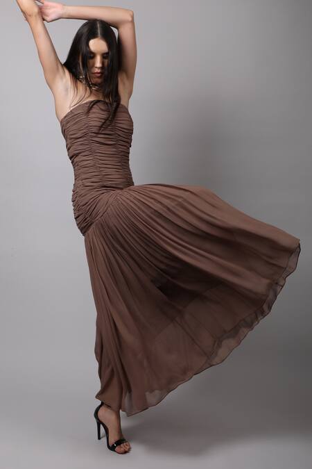 Buy_Swatee Singh_Beige Georgette One Shoulder Off Ruched Dress _Online_at_Aza_Fashions