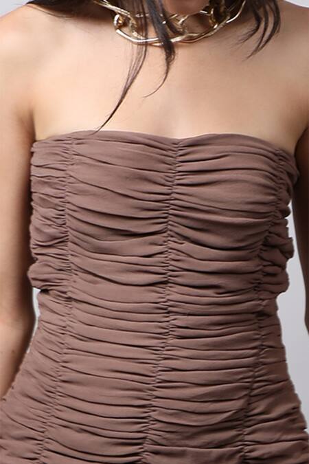 Shop Swatee Singh Beige Georgette One Shoulder Off Ruched Dress Online at Aza Fashions Shop_Swatee Singh_Beige Georgette One Shoulder Off Ruched Dress _Online_at_Aza_Fashions