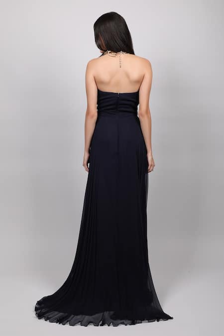 Shop_Swatee Singh_Blue Georgette Sweetheart Neck Off Shoulder Ruched Gown _at_Aza_Fashions