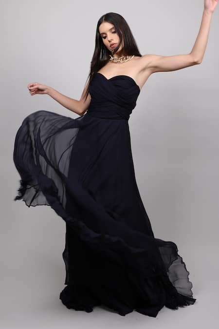 Swatee Singh Blue Georgette Sweetheart Neck Off Shoulder Ruched Gown Online at Aza Fashions Swatee Singh_Blue Georgette Sweetheart Neck Off Shoulder Ruched Gown _Online_at_Aza_Fashions