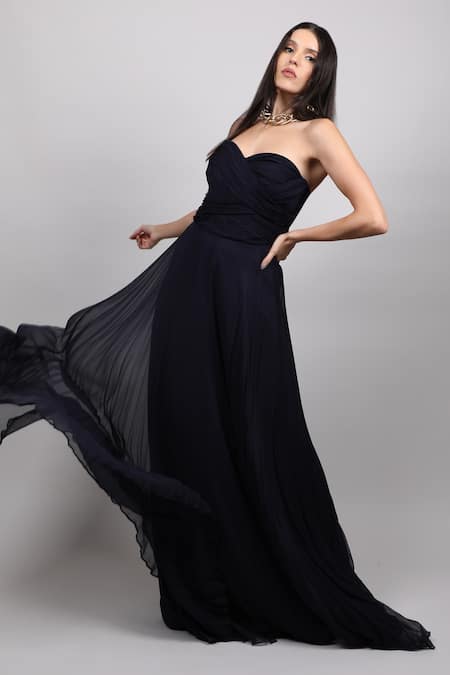 Shop_Swatee Singh_Blue Georgette Sweetheart Neck Off Shoulder Ruched Gown _Online_at_Aza_Fashions