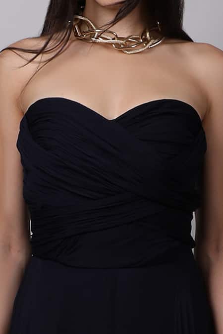 Swatee Singh Blue Georgette Sweetheart Neck Off Shoulder Ruched Gown at Aza Fashions Swatee Singh_Blue Georgette Sweetheart Neck Off Shoulder Ruched Gown _at_Aza_Fashions