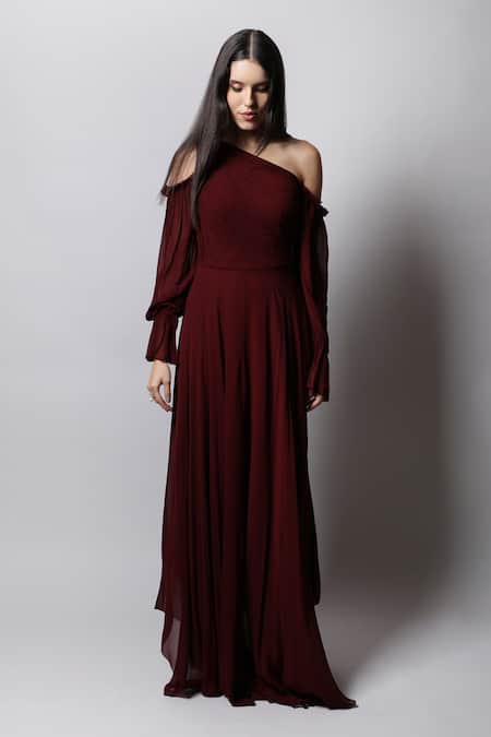 Swatee Singh_Maroon Georgette One Shoulder Cold Gown _Online_at_Aza_Fashions
