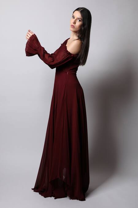 Buy_Swatee Singh_Maroon Georgette One Shoulder Cold Gown _Online_at_Aza_Fashions