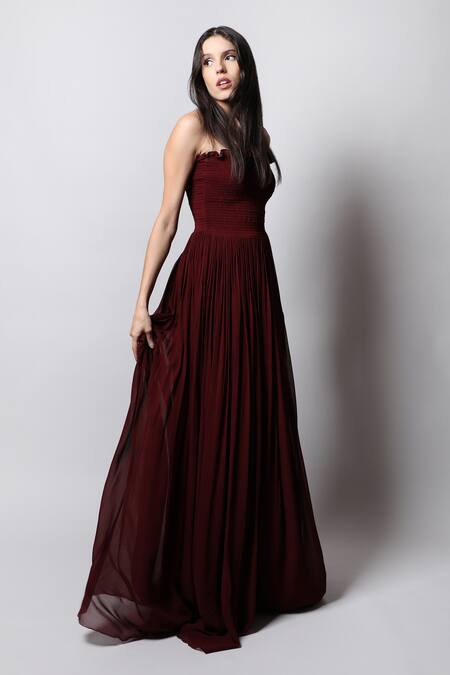 Swatee Singh_Maroon Georgette One Shoulder Smocked Tube Gown _Online_at_Aza_Fashions