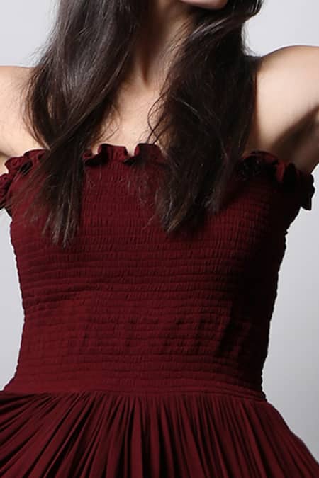 Shop_Swatee Singh_Maroon Georgette One Shoulder Smocked Tube Gown _Online_at_Aza_Fashions