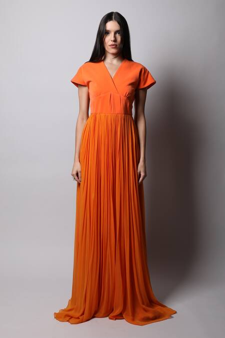 Swatee Singh_Orange Georgette V Neck Flared Gown _Online_at_Aza_Fashions