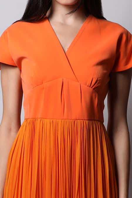 Buy_Swatee Singh_Orange Georgette V Neck Flared Gown _Online_at_Aza_Fashions