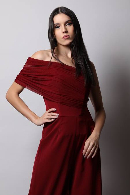 Swatee Singh_Maroon Crepe One Shoulder Draped Jumpsuit _Online_at_Aza_Fashions