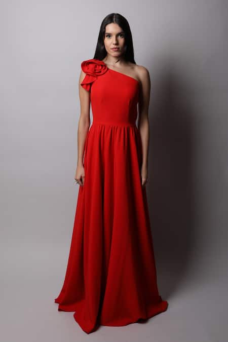 Swatee Singh_Red Crepe One Shoulder Gown _Online_at_Aza_Fashions