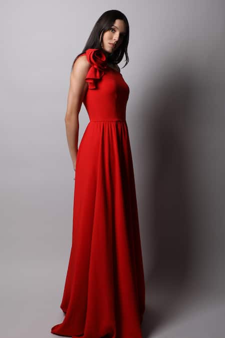 Buy_Swatee Singh_Red Crepe One Shoulder Gown _Online_at_Aza_Fashions