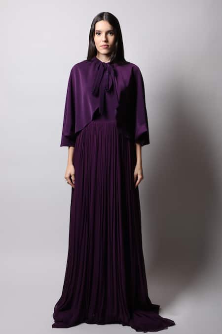 Swatee Singh_Purple Georgette Round Gown With Cape _Online_at_Aza_Fashions