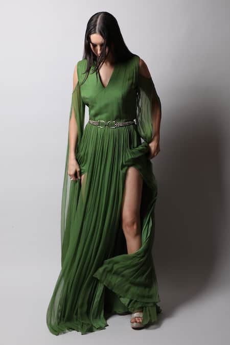 Swatee Singh_Green Georgette V Neck Panelled Gown _Online_at_Aza_Fashions