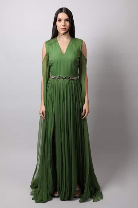 Buy_Swatee Singh_Green Georgette V Neck Panelled Gown _Online_at_Aza_Fashions