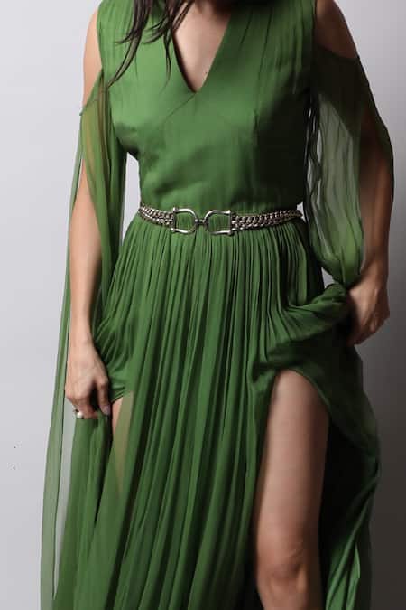 Shop_Swatee Singh_Green Georgette V Neck Panelled Gown _Online_at_Aza_Fashions