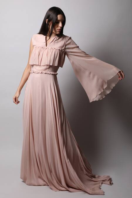 Swatee Singh_Pink Georgette V Neck Flared Sleeve Gown _Online_at_Aza_Fashions