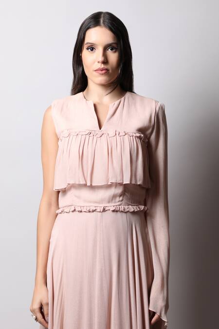 Buy_Swatee Singh_Pink Georgette V Neck Flared Sleeve Gown _Online_at_Aza_Fashions