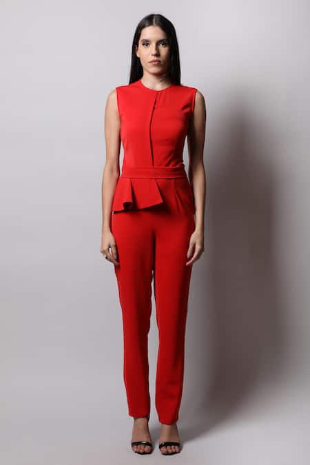Swatee Singh_Red Crepe Round Overlap Jumpsuit_Online_at_Aza_Fashions