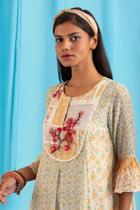 Shop_Saundh_Yellow Cotton Floral Print Tunic_Online_at_Aza_Fashions