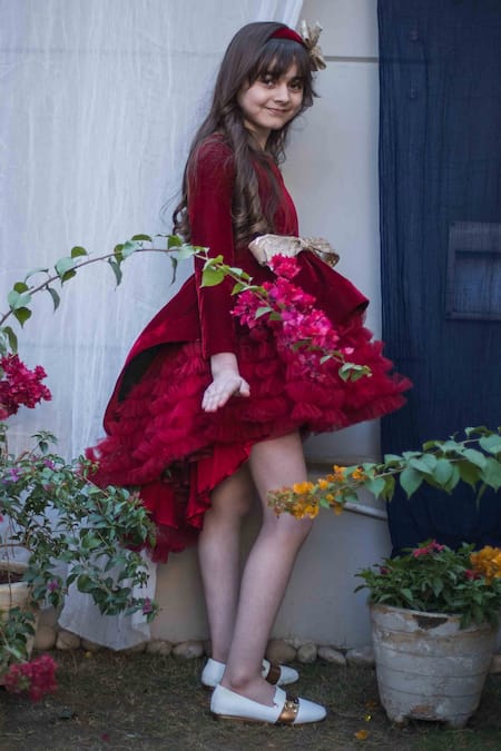 Shop Hoity Moppet Red Velvet, Net, Satin Bows Asymmetric Dress at Aza Fashions Shop_Hoity Moppet_Red Velvet, Net, Satin Bows Asymmetric Dress _at_Aza_Fashions