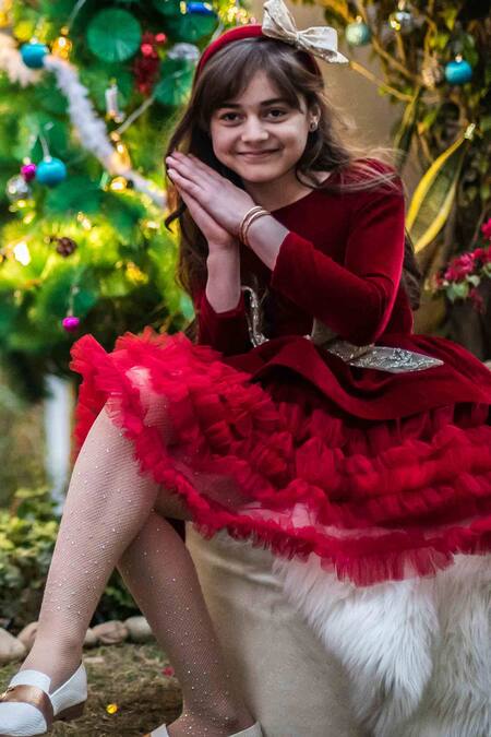 Buy Hoity Moppet Red Velvet, Net, Satin Bows Asymmetric Dress Online at Aza Fashions Buy_Hoity Moppet_Red Velvet, Net, Satin Bows Asymmetric Dress _Online_at_Aza_Fashions