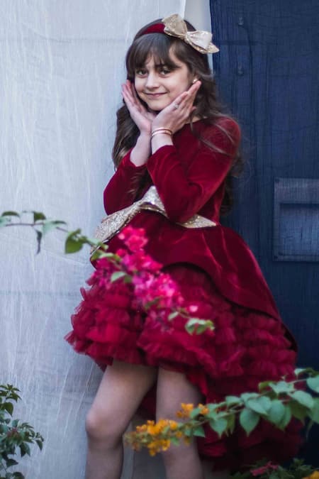 Shop Hoity Moppet Red Velvet, Net, Satin Bows Asymmetric Dress Online at Aza Fashions Shop_Hoity Moppet_Red Velvet, Net, Satin Bows Asymmetric Dress _Online_at_Aza_Fashions