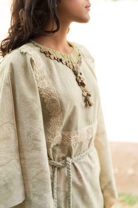 Buy_Inej_Green Printed Asymmetric Kurta With Pants_Online_at_Aza_Fashions