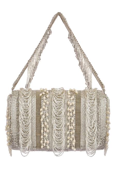 Lovetobag Silver Luminous Japanese Micro Bead And Baroque Pearl Ruche Flapover Clutch Online at Aza Fashions Lovetobag_Silver Luminous Japanese Micro Bead And Baroque Pearl Ruche Flapover Clutch _Online_at_Aza_Fashions