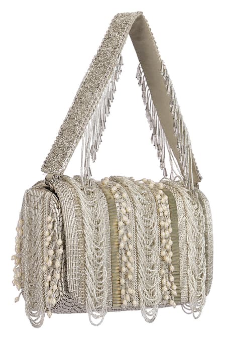 Shop Lovetobag Silver Luminous Japanese Micro Bead And Baroque Pearl Ruche Flapover Clutch at Aza Fashions Shop_Lovetobag_Silver Luminous Japanese Micro Bead And Baroque Pearl Ruche Flapover Clutch _at_Aza_Fashions