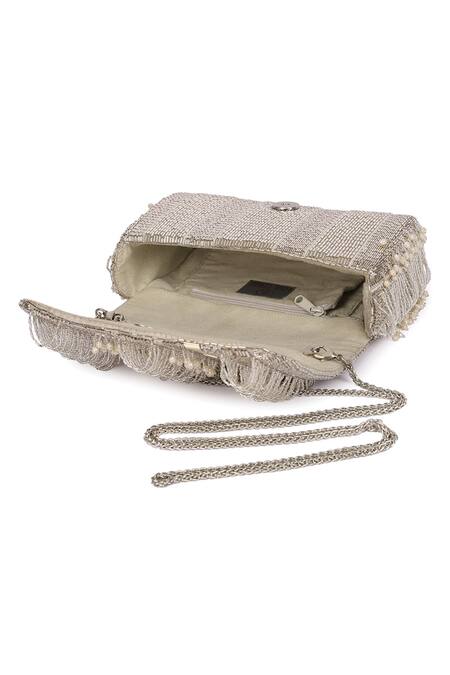 Shop Lovetobag Silver Luminous Japanese Micro Bead And Baroque Pearl Ruche Flapover Clutch Online at Aza Fashions Shop_Lovetobag_Silver Luminous Japanese Micro Bead And Baroque Pearl Ruche Flapover Clutch _Online_at_Aza_Fashions