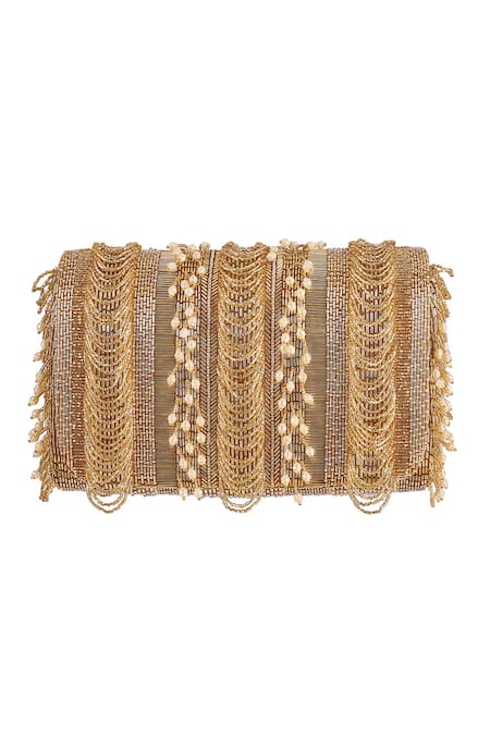 Shop Lovetobag Gold Beads, Pearls Ruche Flapover Embellished Clutch at Aza Fashions Shop_Lovetobag_Gold Beads, Pearls Ruche Flapover Embellished Clutch _at_Aza_Fashions