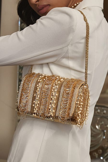 Lovetobag Gold Beads, Pearls Ruche Flapover Embellished Clutch