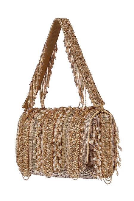 Lovetobag Gold Beads, Pearls Ruche Flapover Embellished Clutch Online at Aza Fashions Lovetobag_Gold Beads, Pearls Ruche Flapover Embellished Clutch _Online_at_Aza_Fashions