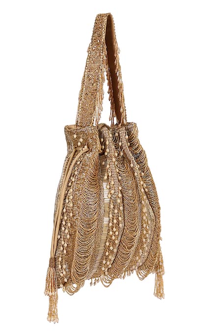 Lovetobag Gold Embellished Ruched Potli With Handle Online at Aza Fashions Lovetobag_Gold Embellished Ruched Potli With Handle _Online_at_Aza_Fashions