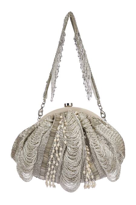 Shop Lovetobag Silver Luminous Japanese Micro Bead And Baroque Pearl Embellishment Ruche Clutch at Aza Fashions Shop_Lovetobag_Silver Luminous Japanese Micro Bead And Baroque Pearl Embellishment Ruche Clutch _at_Aza_Fashions