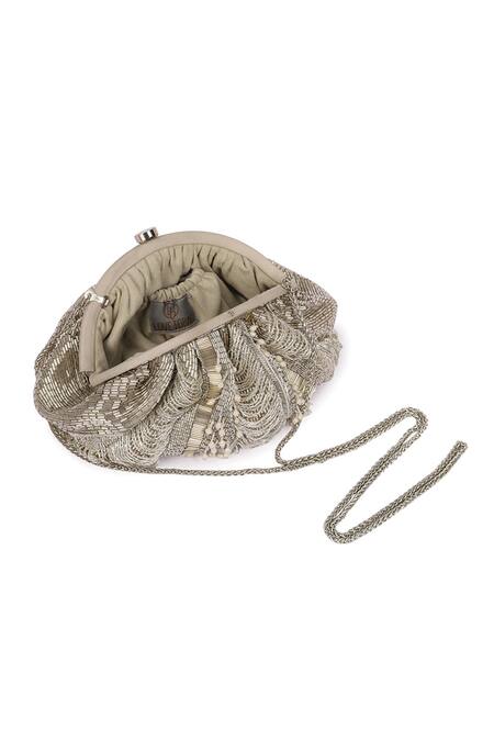 Lovetobag Silver Luminous Japanese Micro Bead And Baroque Pearl Embellishment Ruche Clutch at Aza Fashions Lovetobag_Silver Luminous Japanese Micro Bead And Baroque Pearl Embellishment Ruche Clutch _at_Aza_Fashions