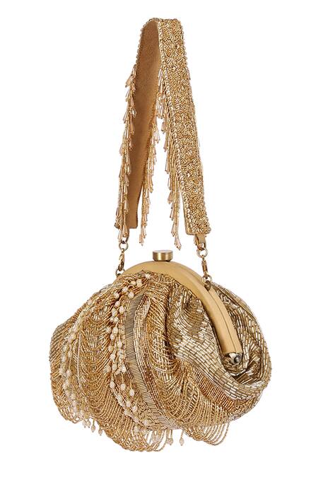 Lovetobag Gold Luminous Japanese Micro Bead And Baroque Pearl Embellishment Ruche Clutch Online at Aza Fashions Lovetobag_Gold Luminous Japanese Micro Bead And Baroque Pearl Embellishment Ruche Clutch _Online_at_Aza_Fashions