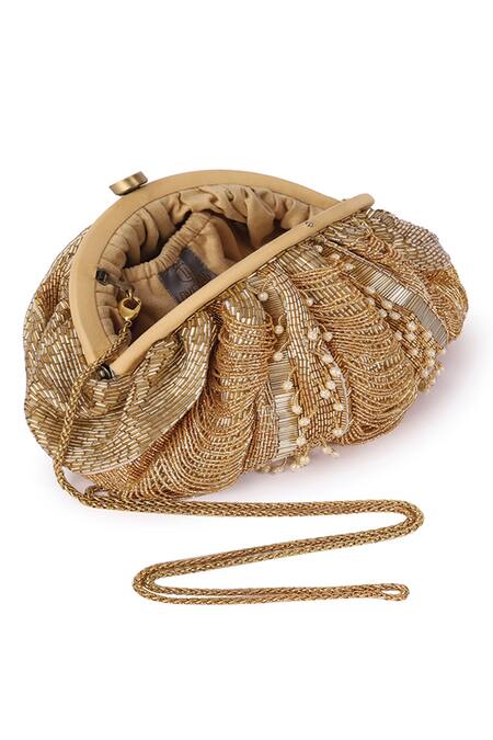 Shop Lovetobag Gold Luminous Japanese Micro Bead And Baroque Pearl Embellishment Ruche Clutch Online at Aza Fashions Shop_Lovetobag_Gold Luminous Japanese Micro Bead And Baroque Pearl Embellishment Ruche Clutch _Online_at_Aza_Fashions
