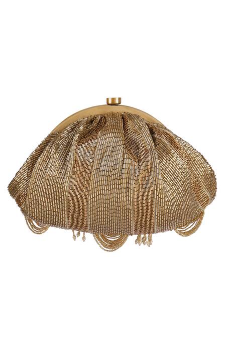 Shop Lovetobag Gold Luminous Japanese Micro Bead And Baroque Pearl Embellishment Ruche Clutch at Aza Fashions Shop_Lovetobag_Gold Luminous Japanese Micro Bead And Baroque Pearl Embellishment Ruche Clutch _at_Aza_Fashions