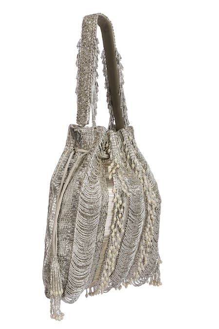 Lovetobag_Silver Embellished Ruche Potli Bag _Online_at_Aza_Fashions