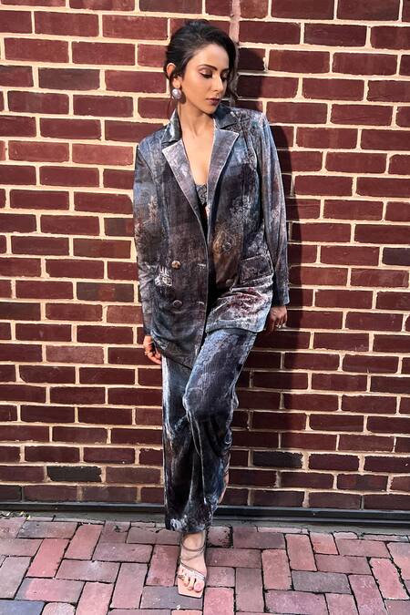 Nirmooha_Grey Velvet, Chiffon Blazer Notched Lapel Collar Pant Set With Bralette _Online_at_Aza_Fashions