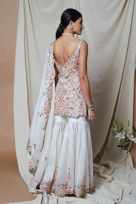 Tamanna Punjabi Kapoor_Ivory Raw Silk, Organza Lining Crepe Dori, Gota, Embroidered Kurta Gharara Set _Online_at_Aza_Fashions