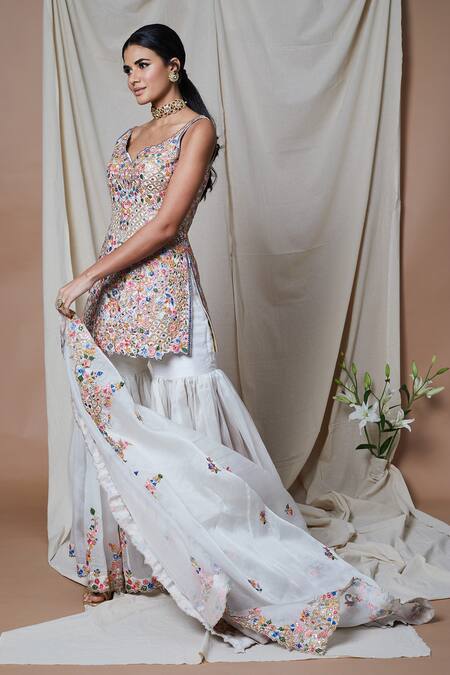 Shop_Tamanna Punjabi Kapoor_Ivory Raw Silk, Organza Lining Crepe Dori, Gota, Embroidered Kurta Gharara Set _Online_at_Aza_Fashions