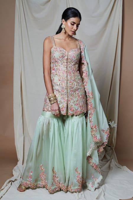 Shop_Tamanna Punjabi Kapoor_Green Raw Silk Embroidery Foil Sweetheart Neck Kurta Gharara Set  _Online_at_Aza_Fashions