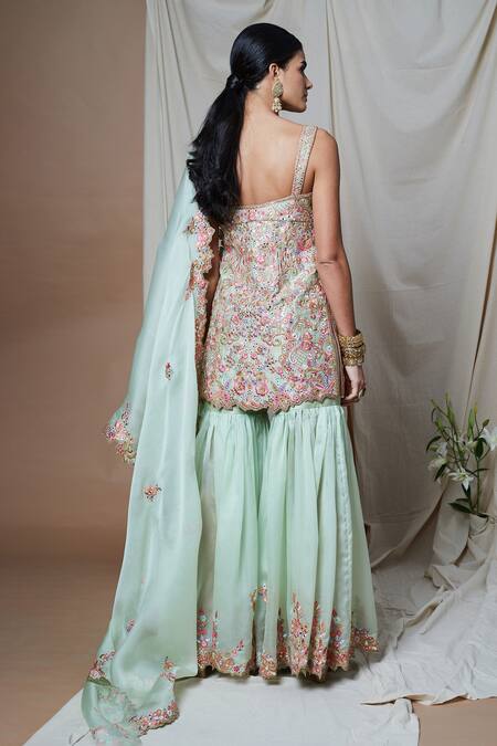 Tamanna Punjabi Kapoor_Green Raw Silk Embroidery Foil Sweetheart Neck Kurta Gharara Set  _Online_at_Aza_Fashions