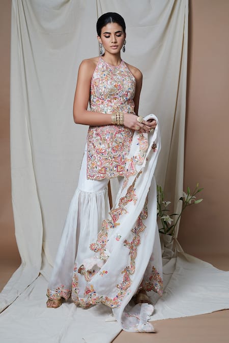 Buy_Tamanna Punjabi Kapoor_Ivory Raw Silk, Organza Lining Crepe Gota, Embroidered Kurta Gharara Set _Online_at_Aza_Fashions