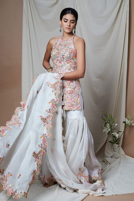 Shop_Tamanna Punjabi Kapoor_Ivory Raw Silk, Organza Lining Crepe Gota, Embroidered Kurta Gharara Set _Online_at_Aza_Fashions