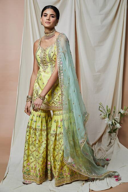 Buy_Tamanna Punjabi Kapoor_Yellow Chanderi, Organza Lining Cotton Gota, Embroidered Kurta Gharara Set _Online_at_Aza_Fashions