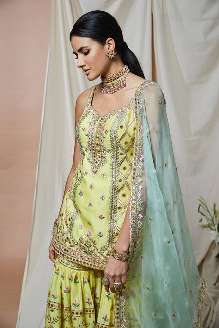 Tamanna Punjabi Kapoor_Yellow Chanderi, Organza Lining Cotton Gota, Embroidered Kurta Gharara Set _at_Aza_Fashions