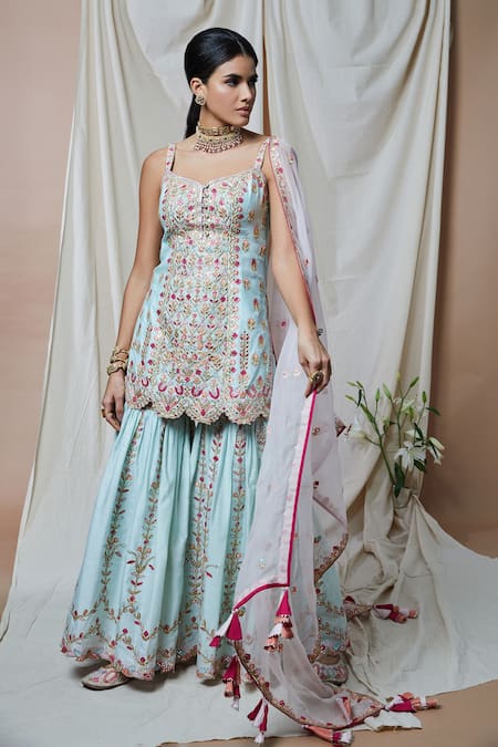 Tamanna Punjabi Kapoor Blue Chanderi Embroidery Foil V Neck Kurta Gharara Set  